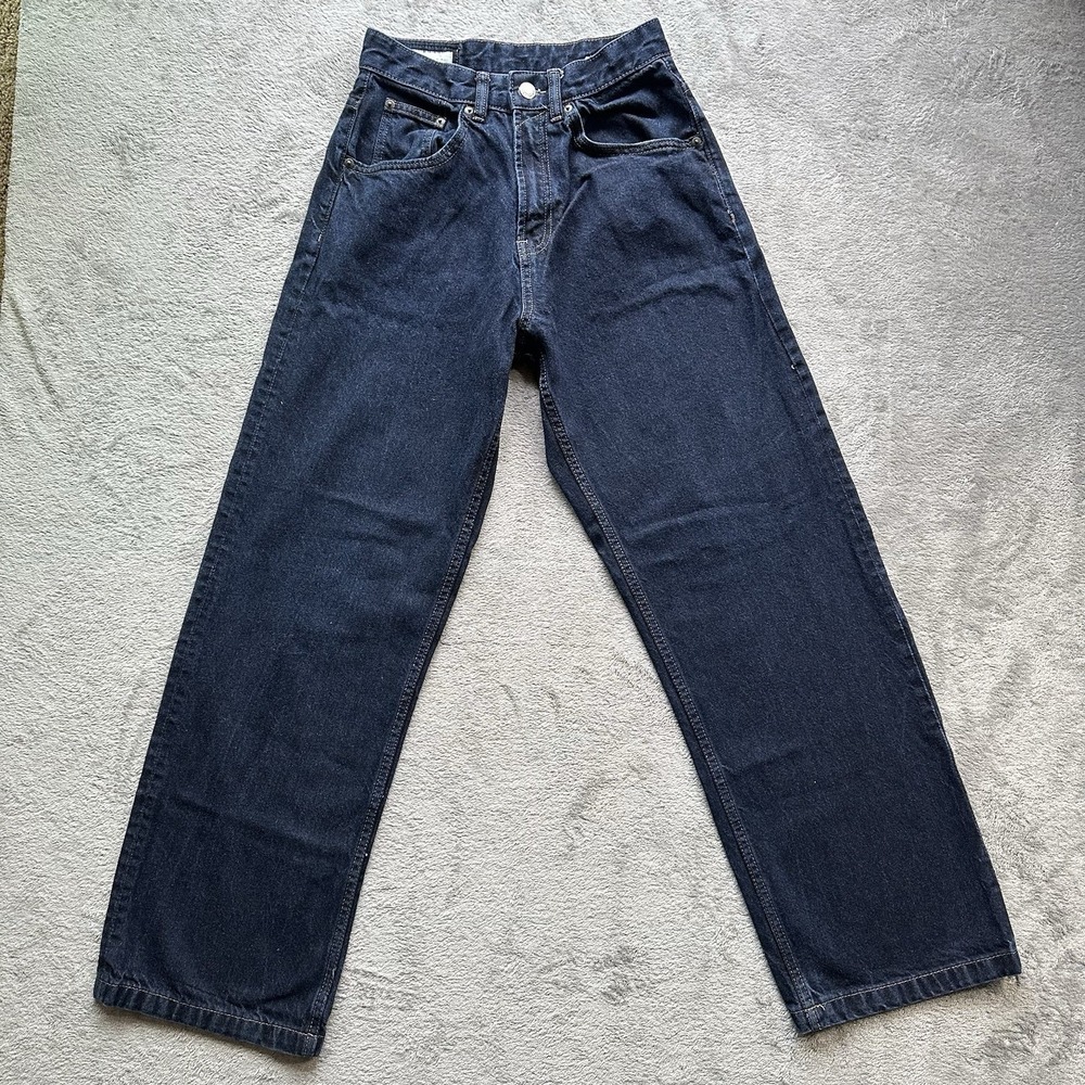 ZARA High Waist Straight Leg Jeans Women's 28 (Fits‎ 26") Blue Denim Tan Stitch